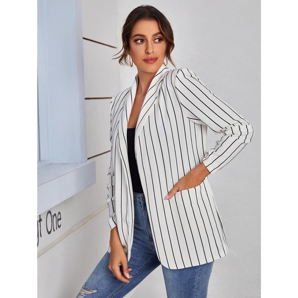 Pinstriped Shawl Collar Blazer striped white black minimalist preppy - Picture 4 of 5
